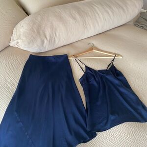 Aritzia Navy Blue Satin Skirt and Top Set